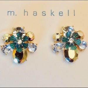 NWT m. Haskell Stud Earrings Crystal & Blue Flower Retro Gold-tone Setting